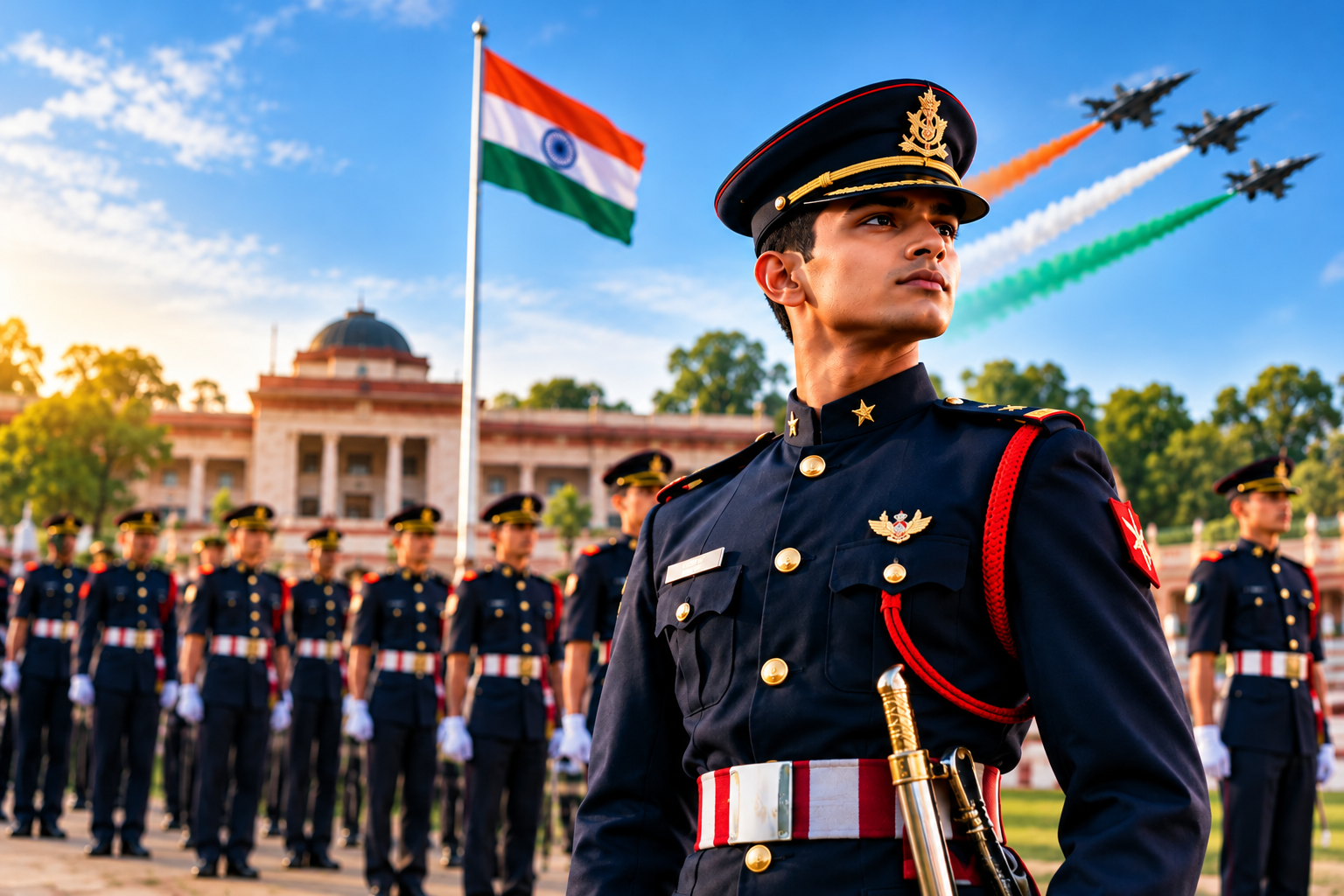Indian defence cadet, military parade and fighter jets